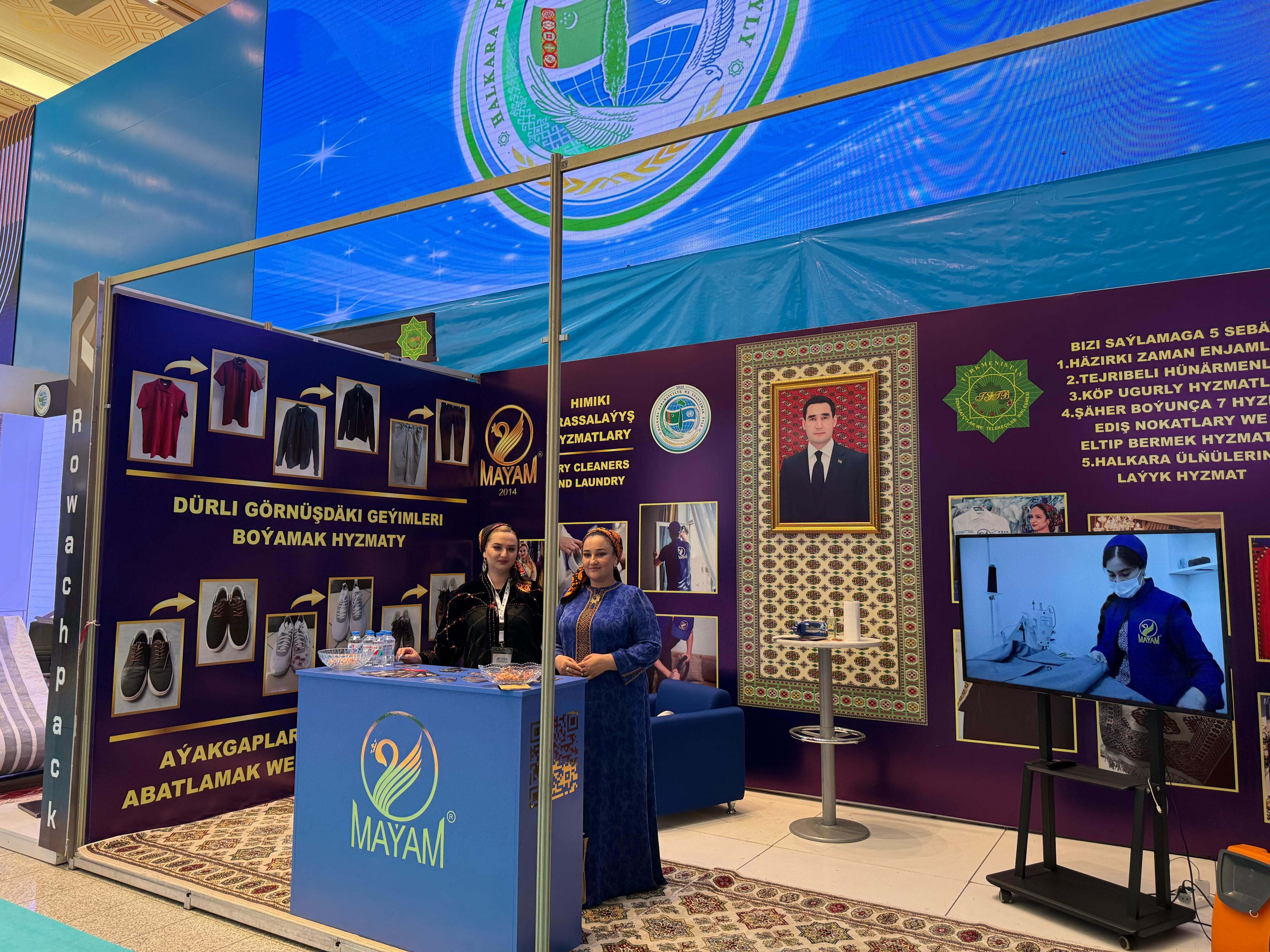 Стенд MAÝAM на международной выставке-ярмарке «Международная торговля и услуги», 30 апреля, 2025 г., Ашхабад, Туркменистан (Фото: БТ)